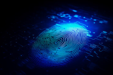 Fingerprint on electronic blue background. - obrazy, fototapety, plakaty