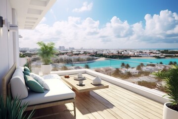 Spacious penthouse terrace featuring a pool and stunning beach view. Generative AI - obrazy, fototapety, plakaty
