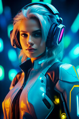 Futuristic woman with headphones and futuristic suit is looking at the camera.