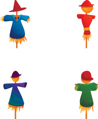 Garden scarecrow icons set cartoon vector. Funny bird scarecrow. Cartoon character