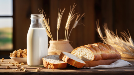 bottle milk and bread on wooden table, generative ai - obrazy, fototapety, plakaty