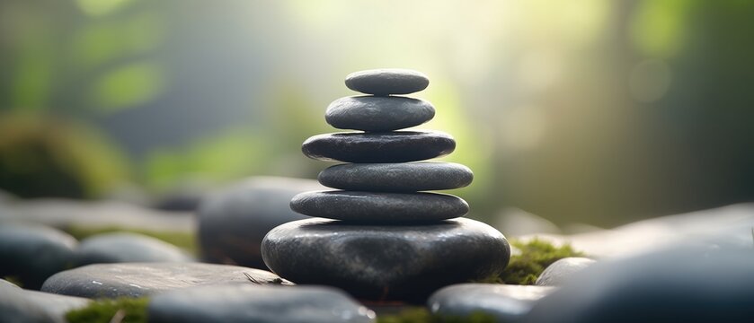 Minimalist tranquil meditation Zen garden with candles and stacked rock balancing stones art.