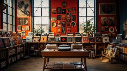 Fototapeta na wymiar A vintage record store interior, showcasing shelves of vinyl records, vintage posters, and a retro turntable