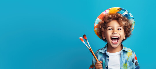 cute kid holding paint brush on blue color background, generative ai - obrazy, fototapety, plakaty
