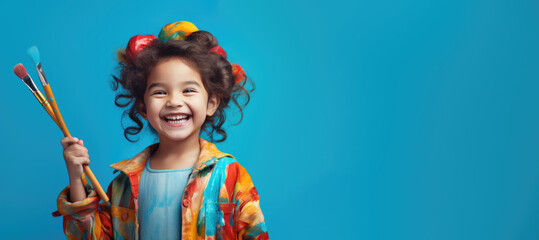 cute kid holding paint brush on blue color background, generative ai