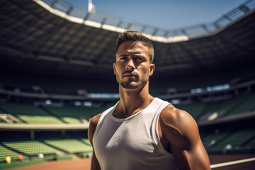 Generative AI illustration of portrait of a tennis player in sleeveless t-shirt next to the stadium court in blurred background