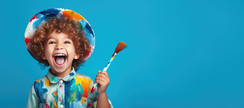 cute kid holding paint brush on blue color background, generative ai