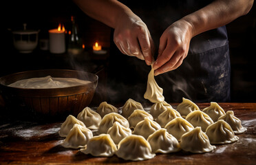 Generative AI illustration of crop anonymous person meticulously crafts delicate chinese dumplings in rustic kitchen