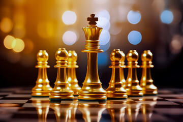 Golden chess set on checkered board with blurry background