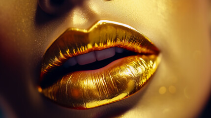 Golden lipstick closeup. Metal gold lips. Beautiful makeup. lips, bright paint on beautiful model girl's mouth, close - up.