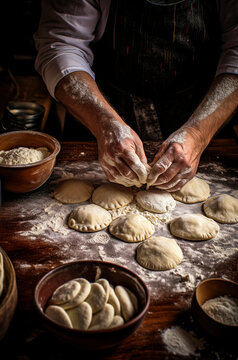 Generative AI illustration of crop anonymous person coated in flour skillfully shapes dough into round portions chinese dumplings in rustic kitchen