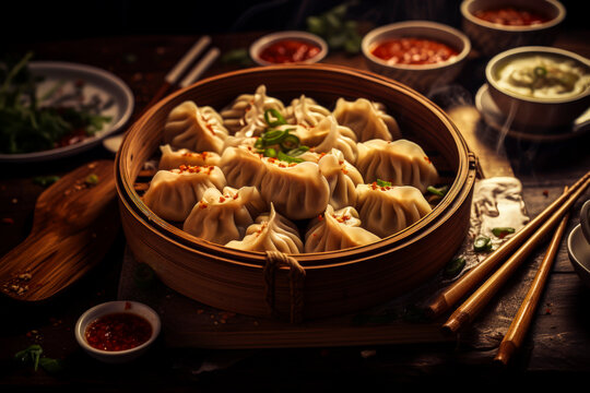 Generative AI illustration of high angle of delectable dim sum dumplings, meticulously arranged in a bamboo steamer placed on table near bowls with spicy sauce