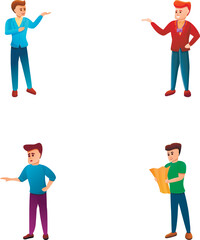 Man traveler icons set cartoon vector. Male character with map and camera. Tourism, traveling