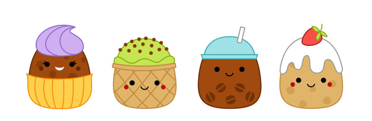Cupcake, ice cream, coffee, cake. Squishmallow. Cute soft plush toy Pillow Cartoon kawaii vector