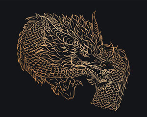 Golden silhouette of outline oriental dragon snake on dark blue background. Gothic vintage poster with Asian mythology linear reptile or monster, devil for t-shirts of tattoo - obrazy, fototapety, plakaty