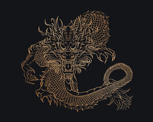 Golden silhouette of outline oriental dragon snake on dark blue background. Gothic vintage poster with Asian mythology reptile or monster, devil for t-shirts of tattoo