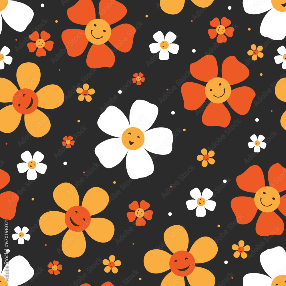 Poster seamless pattern with smiling daisy flowers. abstract camomile emoji background. daisy and camomile 