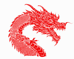 Red solid traditional Chinese or Japanese dragon in hand drawn style isolated on white background. Mythology Asian animal or monster, devil. Ink oriental dragon for t-shirt prints or tattoo 
