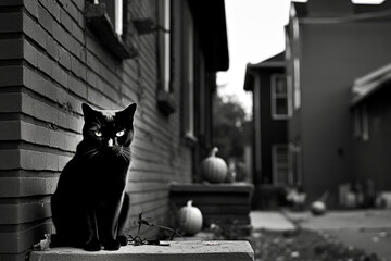 Black and white photo of black cat standing in front of house on the street