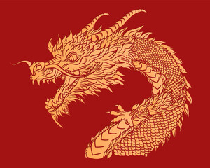 Vintage luxury poster with traditional golden Chinese dragon on red background. Mythology animal in Asian style. Solid ink dragon tattoo