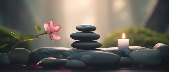 Minimalist tranquil meditation Zen garden with candles and stacked rock balancing  stones art. 