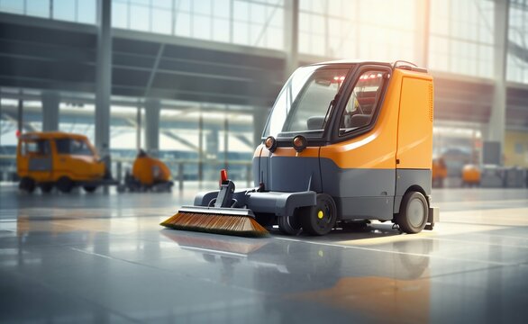 Airport Runway Cleaning with Sweeper Machine. Generative ai