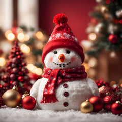 Fototapeta na wymiar Cheerful Snowman in Decorative Blur