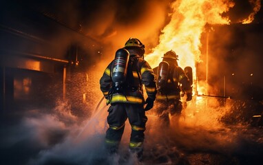 Braving the Blaze: Firefighters Tackle Flames with Twirl Water Fog Extinguisher. Generative ai