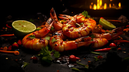 Grilled shrimp with sauce and vegetables.