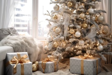 Weihnachtsgeschenke liegen in einem gemütlichen Wohnzimmer unter dem Baum