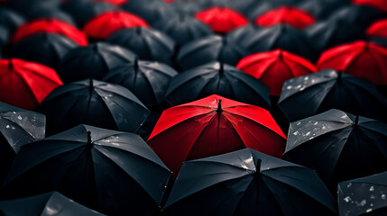 Group of red and black umbrellas sitting in crowd of black and white umbrellas.