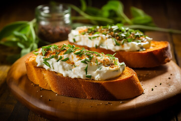 Homemade appetizer crostini with soft cheese cream herbs on a wooden table.