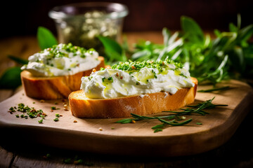 Homemade appetizer crostini with soft cheese cream herbs on a wooden table.