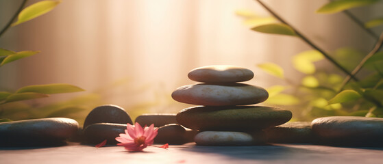 Obraz na płótnie Canvas Minimalist tranquil meditation Zen garden with candles and stacked rock balancing stones art.