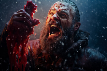 Hungry northern with a beard covered in icicles and snowflakes eats raw meat. Survivor northern bearded man with a piece of raw meat. - obrazy, fototapety, plakaty