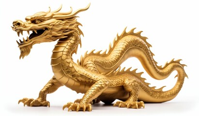 Majestic Golden Dragon Statue on White. Generative ai - obrazy, fototapety, plakaty