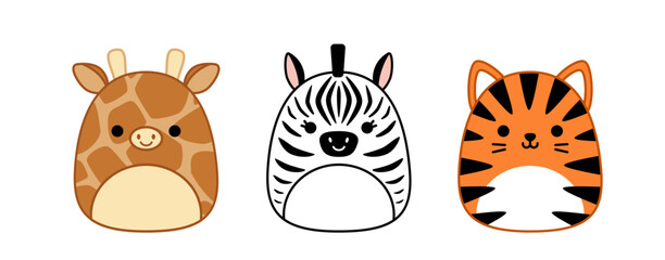 Giraffe, zebra, tiger. Squishmallow. Cute soft plush toy Pillow Cartoon kawaii vector - obrazy, fototapety, plakaty