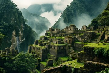 Ancient Inca temple amidst a dense jungle surrounded by majestic mountains. Generative AI