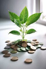 plant growing from a pile of coins, business growth and saving money concept.