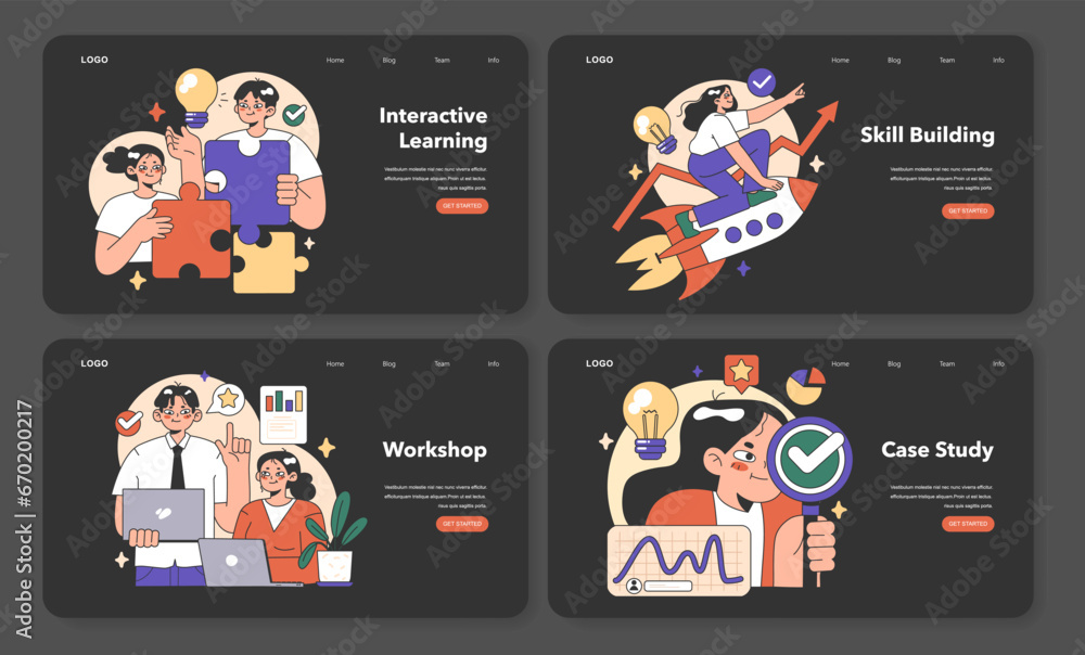 Poster training workshop web banner or landing page night or dark mode set. interactive training process. p