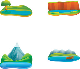 Lake icons set cartoon vector. Various beautiful lake. Natural landscape