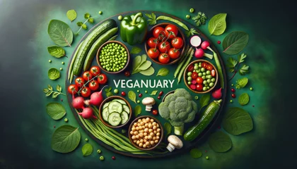 Rolgordijnen Vegetarian concept from vegetables, fruits and plant based protein food top view. Veganuary month long vegan commitment in January. © Svetlana Kolpakova