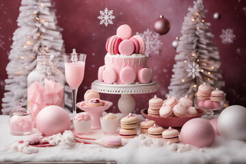 Pink Christmas desserts on table with decorated tree