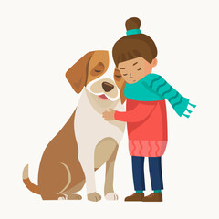 An illustration with a little girl gently hugging a big dog. Friendship and loyalty. Love and patience for animals. For postcards, flyers, websites