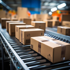 Closeup of multiple cardboard box packages seamlessly moving along a conveyor belt in a warehouse fulfillment center, a snapshot of e-commerce, delivery, automation and products