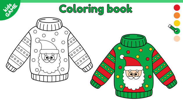 Coloring page for kids. Christmas ugly sweater with Santa Claus. Color holiday New Year jumper. Activity book for preschool children. Vector outline illustration of traditional clothes for Xmas party.