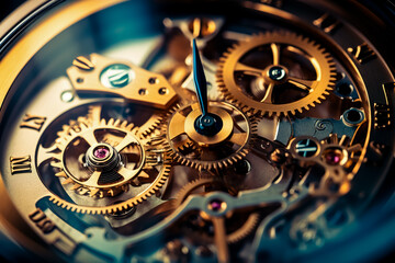 Fototapeta na wymiar Macro view of clock with many gears on it's face.