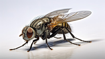 Fototapeta premium Macro view of fly on white surface with white background.