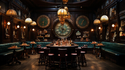 A classic English pub with dark wood paneling, leather bar stools, and a traditional dartboard