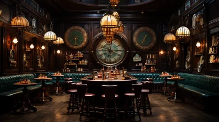 Foto op Plexiglas A classic English pub with dark wood paneling, leather bar stools, and a traditional dartboard © Milan
